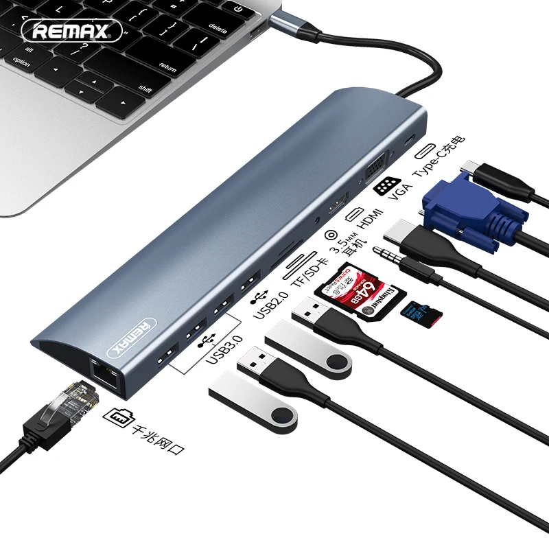 Remax 6 в 1/8 в 1/11 в 1 концентратор 4K usb type-C к USB 3,0 TF/sd HDMI VGA RJ45 3,5 мм док-станция для ноутбука