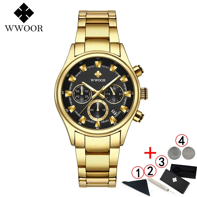 Мужские часы лучший бренд класса люкс WWOOR золотые черные часы мужские Новые водонепроницаемые Хронограф Золотые мужские наручные часы мужские - Цвет: gold-black-with-box