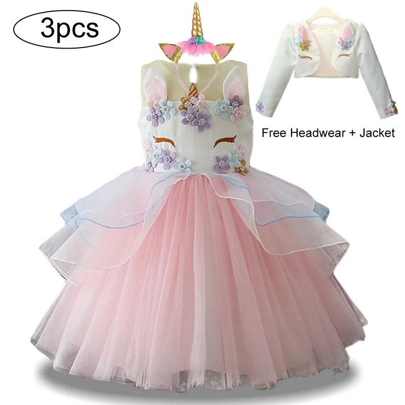 Новогоднее платье для девочек 3 предмета, Детские платья для девочек, вечерние платья с единорогом Рождественский Карнавальный Костюм Детское платье принцессы - Цвет: Pink