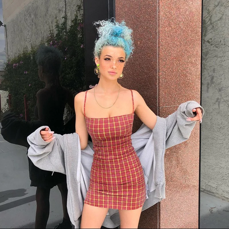 

summer women sexy mini pencil dress spaghetti strap vestidos plaids grids checkered open back backless party dress WD1735056