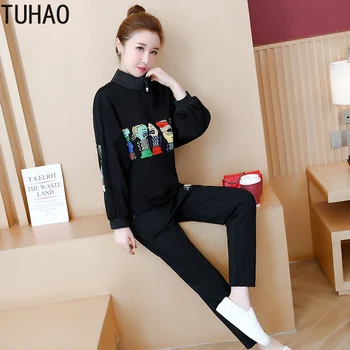 

TUHAO Female Outfits Suit Large Size 5XL 4XL 3XL Spring Sweet Casual Long Sleeve Active Office Sweatshirt Pant 2pcs Women's Set