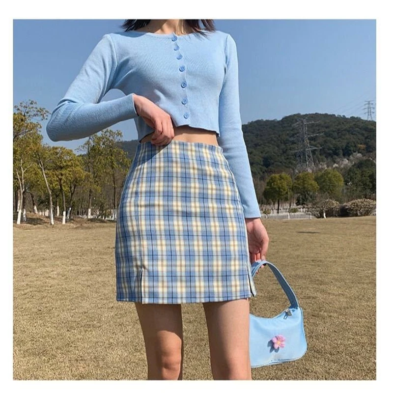 Women Fashion Cotton Plaid Harajuku Bodycon Skirt Summer Europe Style Split Chic High Waist Wild Bottom Security mini skirt