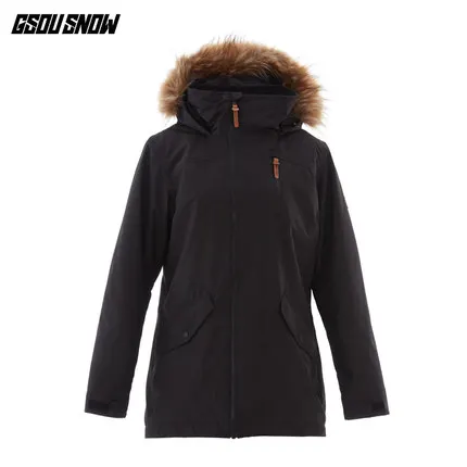 Женская лыжная куртка GSOU с меховым капюшоном, одежда для катания на лыжах и сноуборде, супер теплая ветрозащитная водонепроницаемая Спортивная одежда для женщин - Цвет: Black