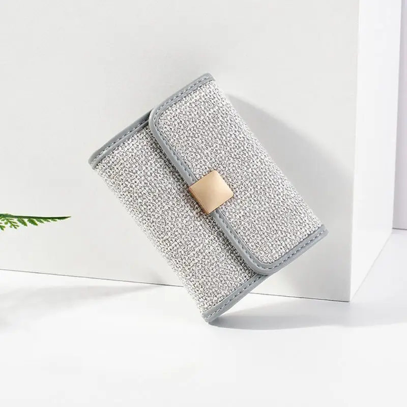 Women Credit Card Holder Small Wallet PU Leather Stitching Linen Lady Elegant Sweet Multiple Slots Coin Cash Storage Clutch Bag
