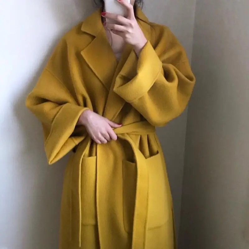 Yellow Женское Элегантное зимнее шерстяное пальто длинное Бандажное шерстяное пальто кардиган свободного размера плюс Abrigos Mujer Manteau Femme Hiver - Цвет: Yellow