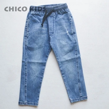 Детская осенне-Весенняя махровая хлопковая рабочая одежда с большим карманом для мальчиков и девочек хлопковые поддельные штаны из двух предметов детские узкие джинсовые штаны - Цвет: jean pant
