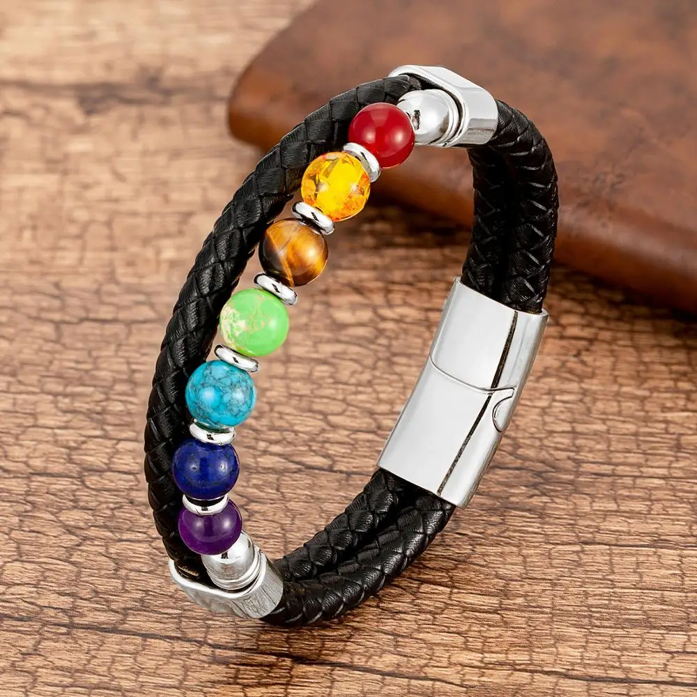 Bracciale Chakra In Vera Pelle Con Pietre Naturali – Fatto A Mano – Regolabile 15-20 Cm – Per Yoga E Meditazione - 3