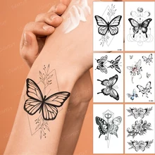 

Waterproof Temporary Tattoo Sticker Linear Geometric Butterfly Wings Round Black Tatoo Fake Flash Tatto Man Woman Child Tattoos