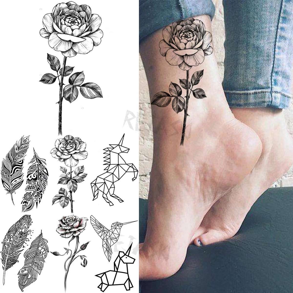3d Rose Mode Fusse Temporare Tattoos Fur Frauen Erwachsene Feder Einhorn Vogel Gefalschte Tattoo Aufkleber Korper Kunst Dekoration Tatoos Papier Temporare Tattoos Aliexpress