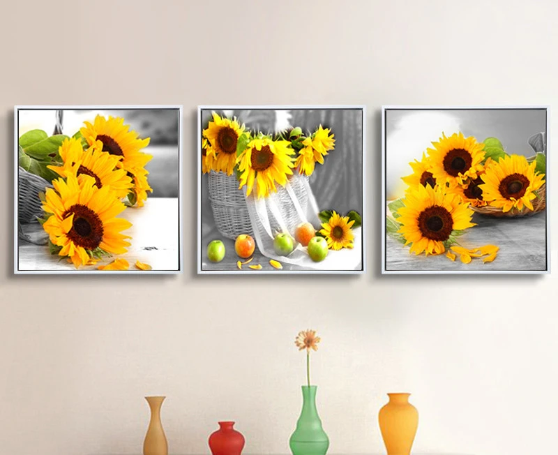 Modern Home Decor Wall Paintings Set Yellow Sunflower On Desk Floral Art Canvas Prints 3 Piece/Set Still Life Pictures No Frame | Дом и сад