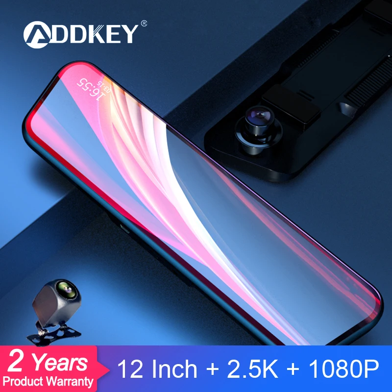 ADDKEY Car DVR 12 Inch 2.5K Rearview Mirror Auto Recorder Mirror Steaming IPS Dash Camera 1440P Car Mirror Video Night Vision