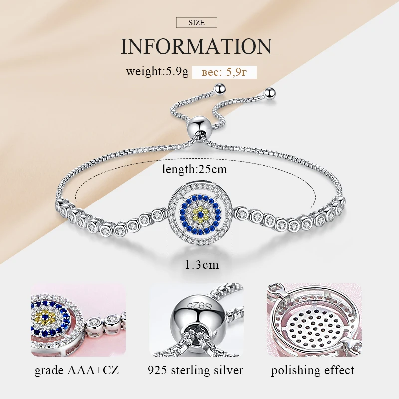 TONGZHE подлинный 925 серебряный браслет регулируемые бусины Evil Eye синий CZ теннисные браслеты для женщин и мужчин ювелирные изделия дружбы