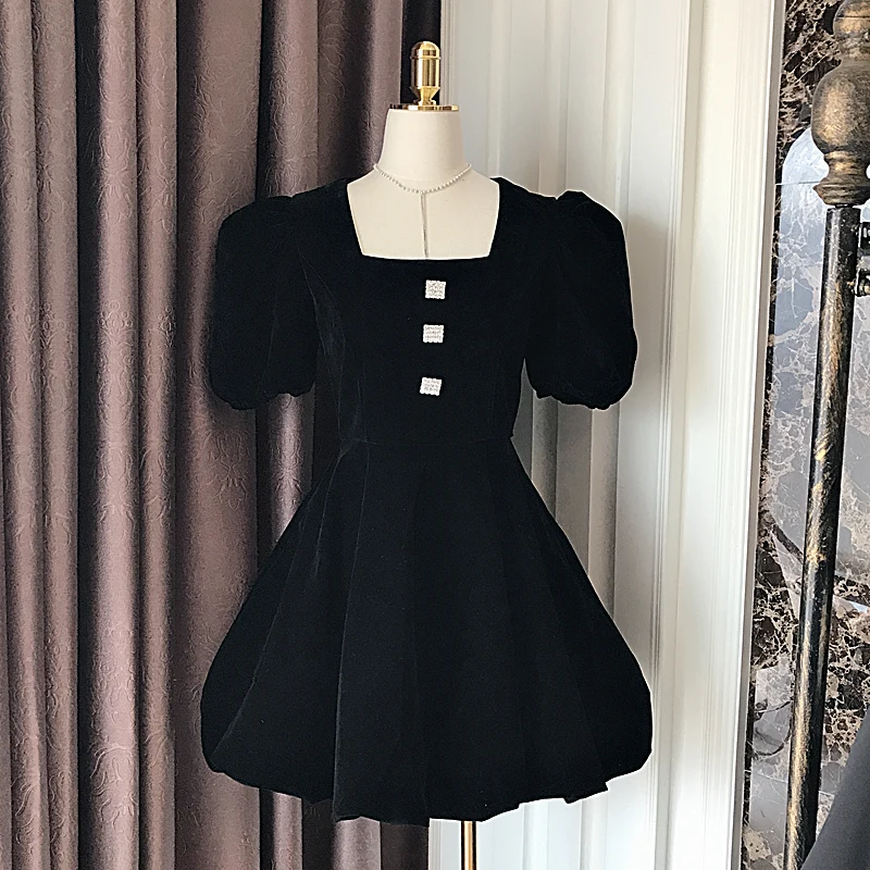 Winter Velvet Puff Sleeve Waist Slim-fit A-lined Diamond Dress