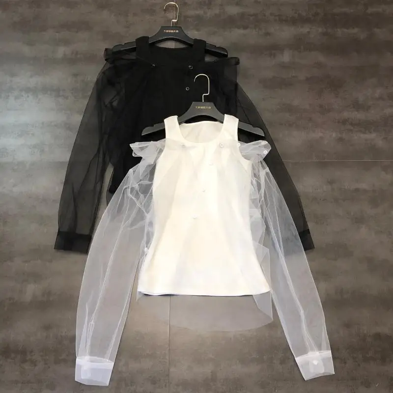 

2019 autumn new transparent mesh vest inside the small woman two-piece shirt