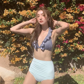 

Separate Swimsuits Swim Suits Bikini For Women 2019 Beach Woman Clothes Swimwear Swimsuit Female Korean New Plaid High Waisted