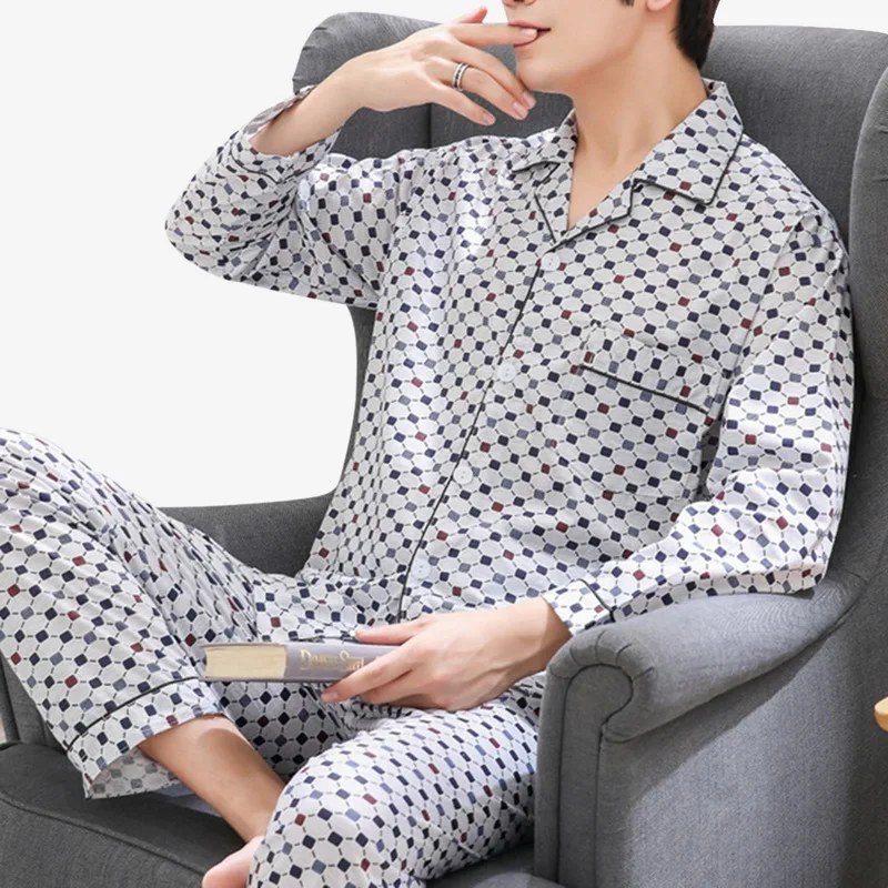 Мужской пижамный комплект из 2 предметов, летняя тонкая трикотажная ночная рубашка, мужской сексуальный мягкий кардиган на пуговицах с длинным рукавом, клетчатый пижамный комплект, одежда для сна - Цвет: A 4