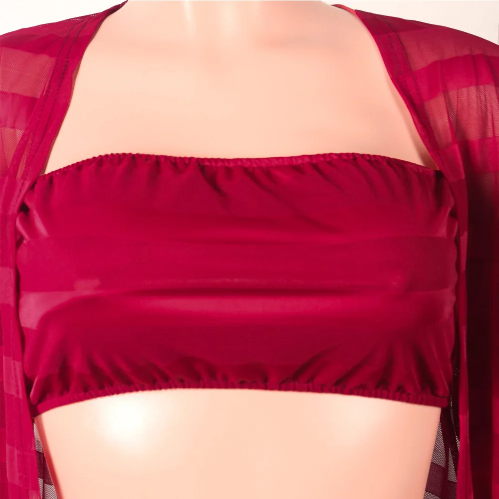 Echoine сексуальный комплект из 3 предметов, прозрачные сетчатые Клубные наряды размера плюс, укороченный топ и штаны, Кардиган с длинным рукавом, комплект из двух предметов, ensemble femme