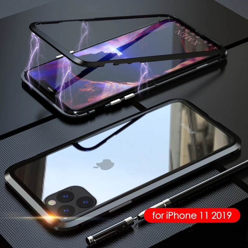 Black Роскошный Магнитный адсорбционный задняя крышка для iPhone 11 закаленное стекло встроенный Магнит чехол для iPhone 11 металлический бампер чехол - Цвет: Black