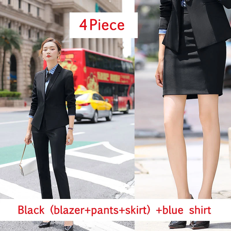 black 4 piece Женский деловой офисный женский костюм с брюками, осенне-зимний форменный Блейзер, пиджак, брюки, Элегантная черная Синяя Униформа, большие размеры - Цвет: black 4 piece