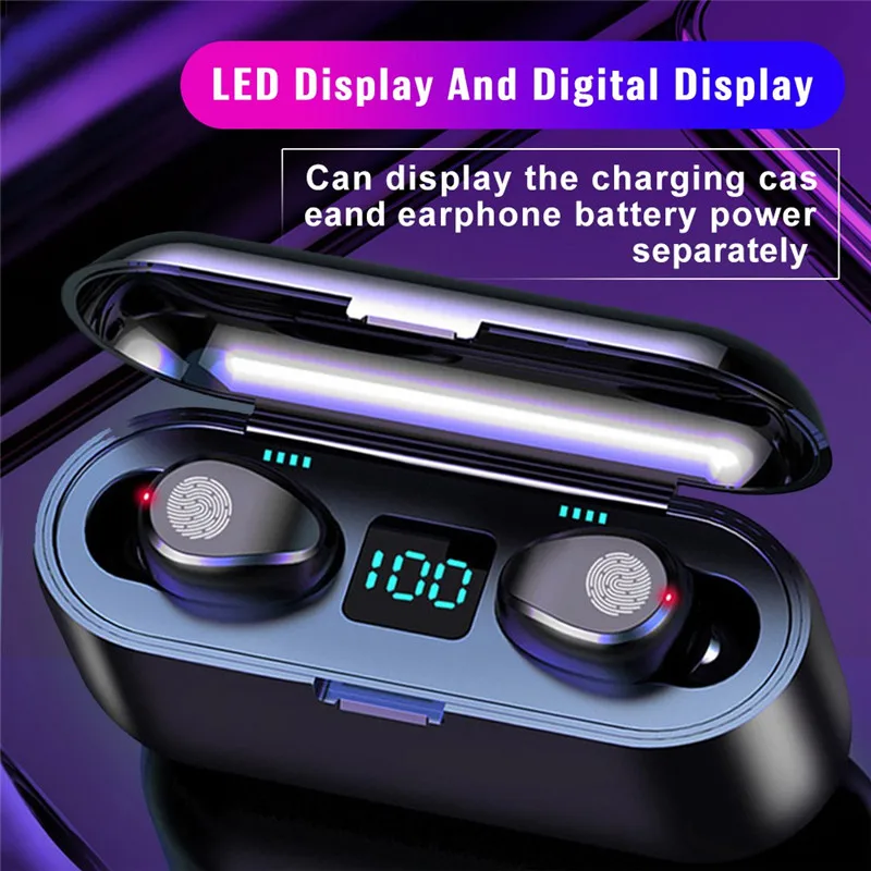 F9 TWS Bluetooth earphone LED Display Wireless headphones Touch Control Bluetooth wireless earphones With 2000mAh Power Bank