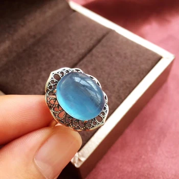 

Natural Blue Aquamarine Crystal Oval Adjustable Ring 13.5*10.5mm 925 Silver Beads Gift Stone Ring AAAAA Drop Shipping