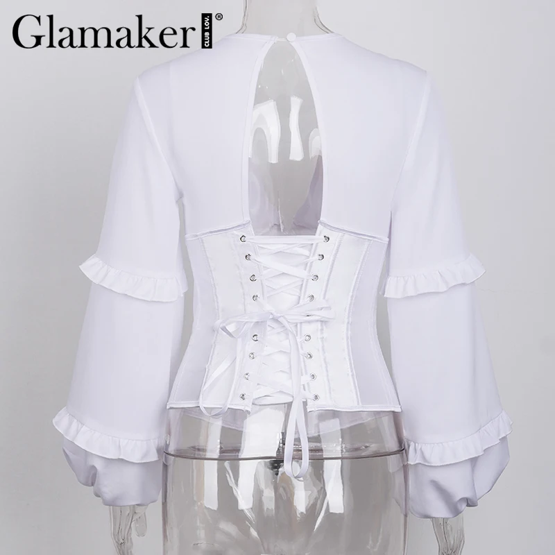 Glamaker, глубокий v-образный вырез, белая блузка, для женщин, с рюшами, рукав-фонарик, облегающая блузка, для девушек, из кусков, с вырезами, на шнуровке, сексуальная клубная рубашка