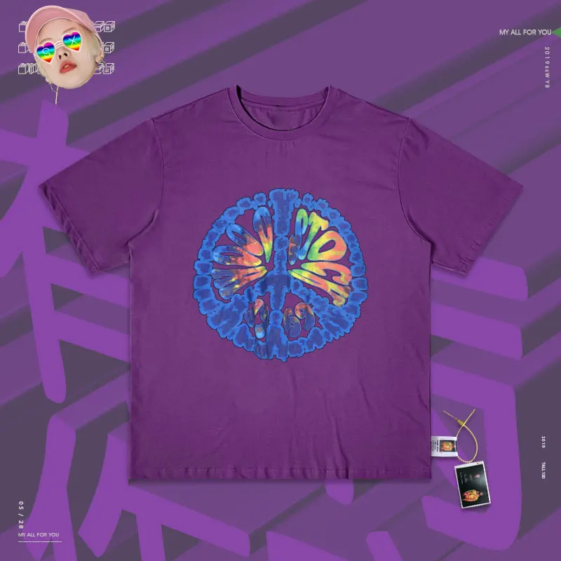Ins High Street Girl/европейские товары, серия футболок ручная живопись маслом используется короткий рукав ленивый ветер студенческий уличный круглый - Цвет: Violet