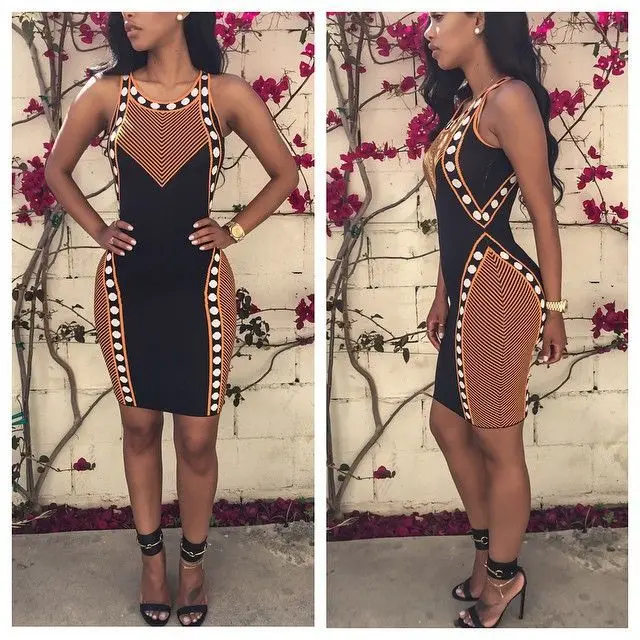 

2015 Autumn Hot Selling Europe And America Elegant Fashion Sleeveless Geometric Pattern Printed Slim Fit Sheath Dress