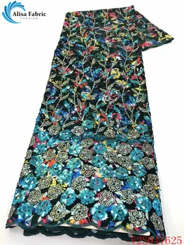 

Alisa popular green african velvet lace fabric embroidery with sequins laces nigeria mesh fabrics 5 yards/pcs for garment sewing