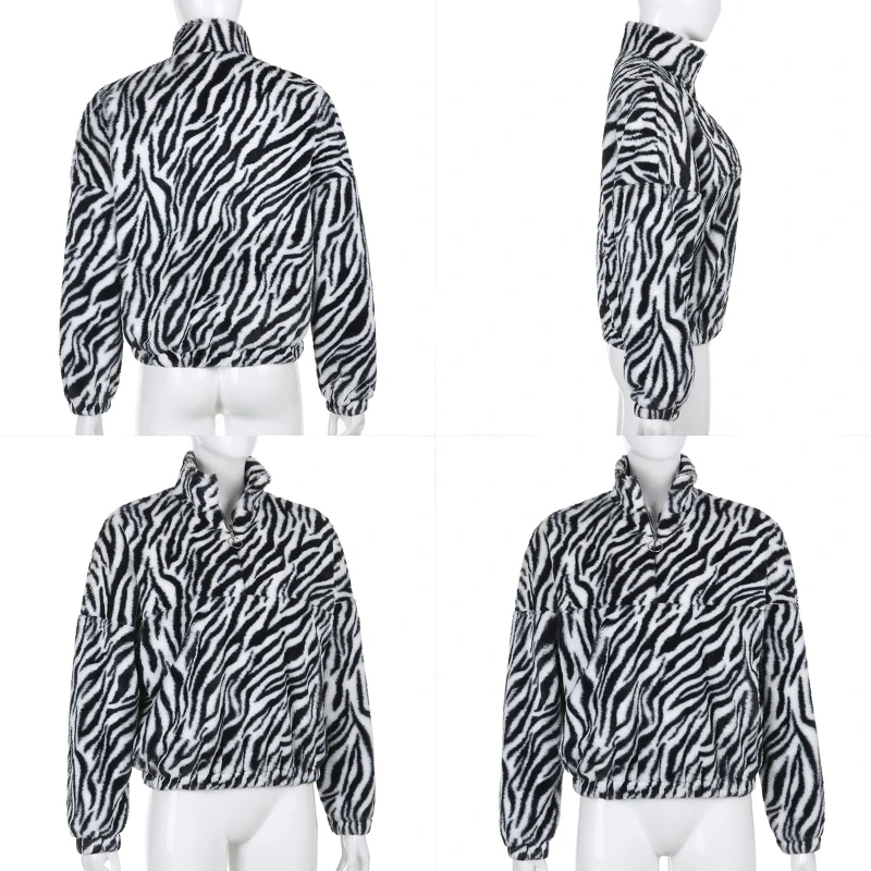

Women Long Sleeve Fuzzy Sweatshirt Half Zip Turtleneck Zebra Stripe Pullover Top X7XE