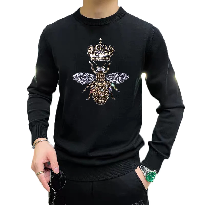 Korea Perfect Hot Rhinestone O-Neck Soft Velvet Bee Pattern Men's Sweater Long Sleeve Fashion Oversized Pullover black sweater men