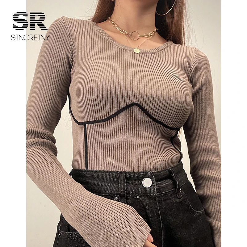 SINGREINY 2021 Women Knitted Sweater Long Sleeves O Neck Solid Elastic Slim Knit Basic Tops Autumn Casual Female Pullovers christmas sweatshirt