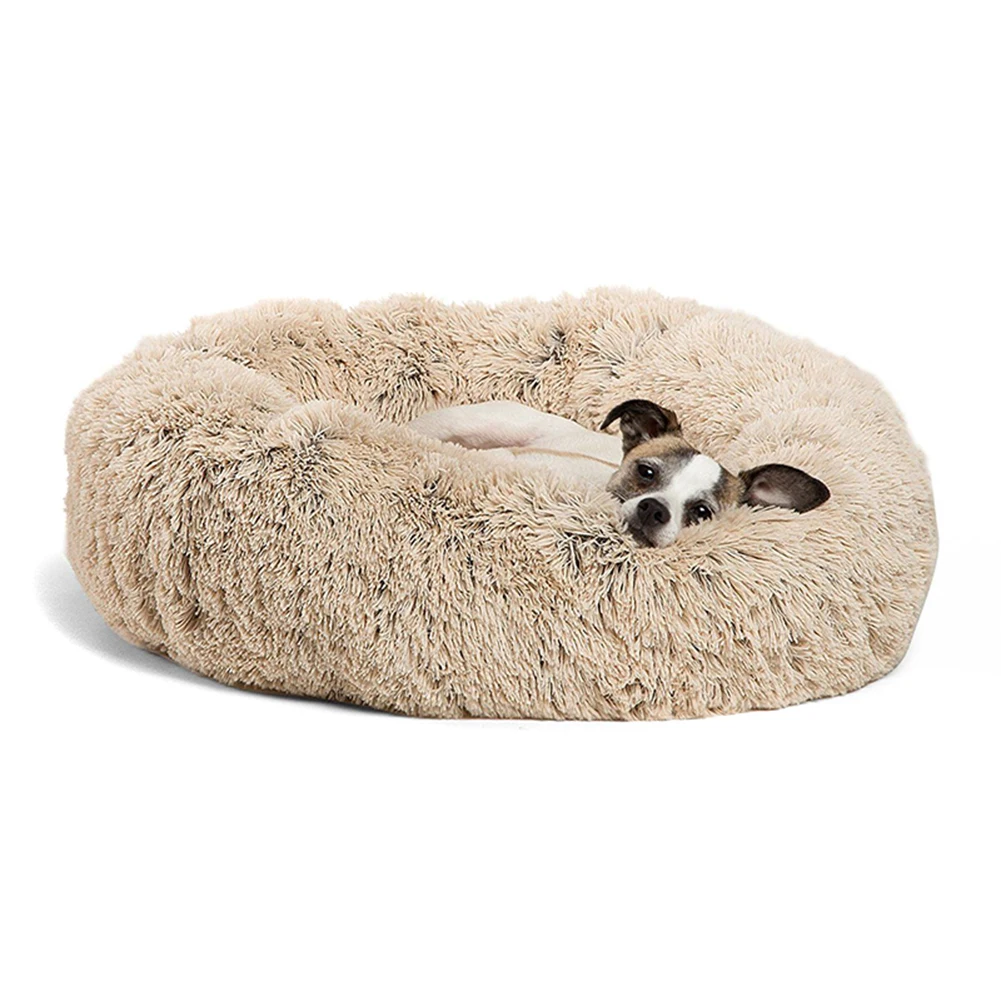Beige Кровать для домашних животных, собак, кошек, теплая мягкая плюшевая кровать, успокаивающее гнездо, круглый коврик с пончиком, JAN88 - Цвет: Beige