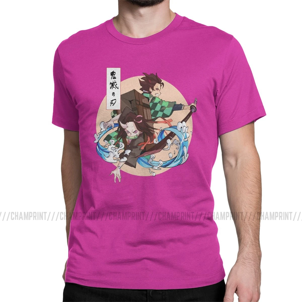 Винтажная семейная футболка Kimetsu No Yaiba для мужчин, хлопок, футболки с коротким рукавом, уникальная одежда - Цвет: Фуксия