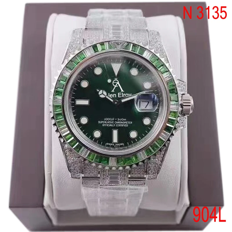 Iced out top quality watch Green Sub-marinr Full Diamonds Clasp Sapphire glass Automatic ETA Noob 3135 movement 1:1 afbeelding
