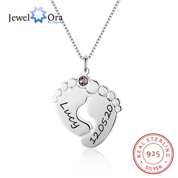 JewelOra Personalized Baby Feet Necklace with Birthstone 925 Sterling Silver Customized Name Pendant Necklace Gift for Mother