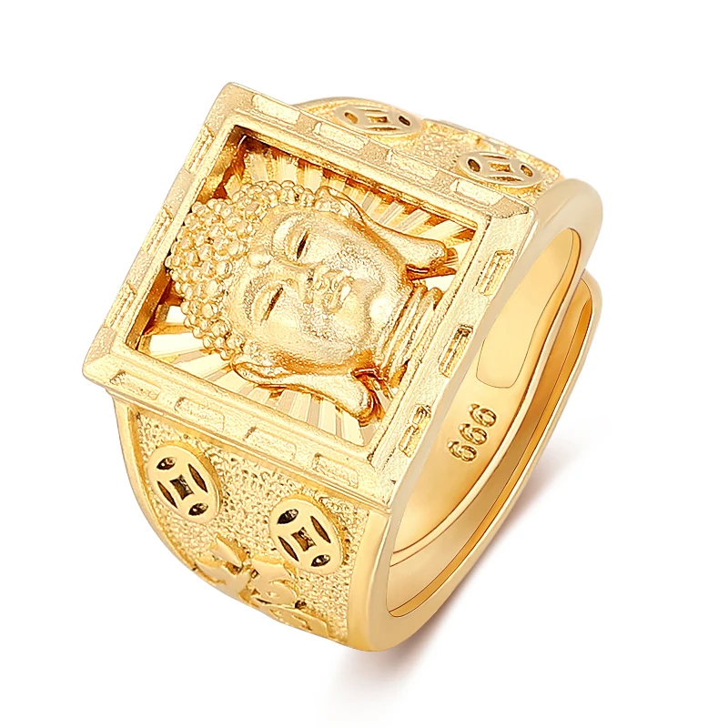 

Men's Gold Color Ring Buddha Finger Ring Resizable Buddha Head Carved Ring Buddhist Jewelry