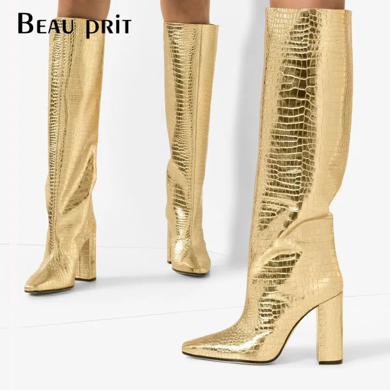 

Snake Print Knee High Boots Women Winter Boots Plush Warm Winter Boots Block High Heels Point Toe Shoes cuissarde femme