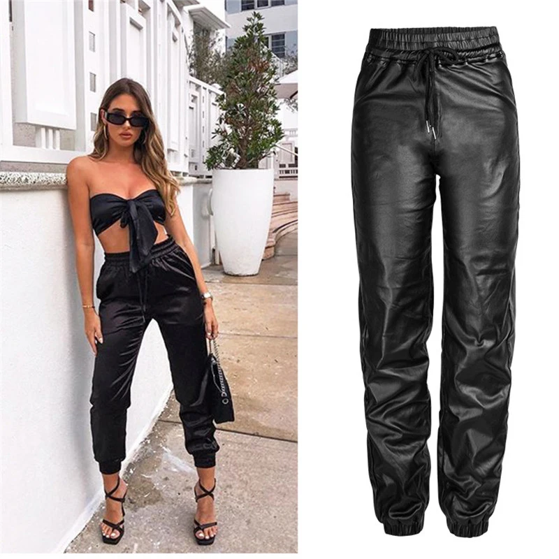 Ladyfirsy широкие кожаные штаны из искусственной кожи черные прямые джинсы с высокой талией женские зимние уличные повседневные свободные брюки с карманами