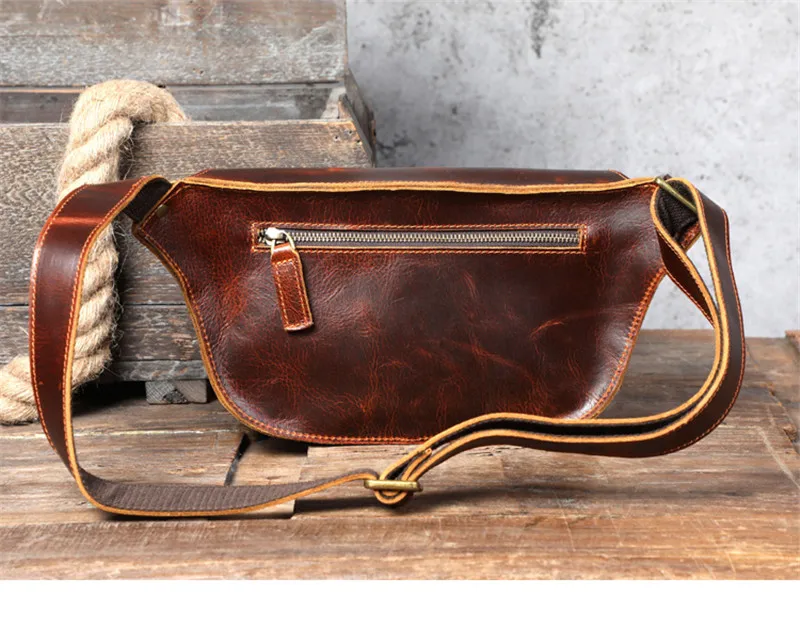 PNDME vintage natural crazy horse cowhide men's small chest bag