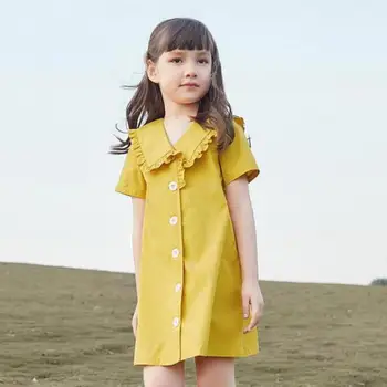 

Summer Simple Casual Girls Kids Children Yellow Cotton Loose Dress Fungus Lapel Neck Doll Collar Short Sleeve Button Decorated