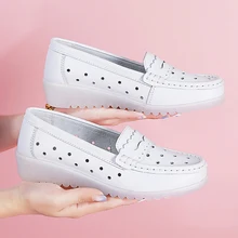 Прогулочная обувь; женская кожаная обувь; Белая обувь для медсестры; обувь на танкетке; сезон зима-осень; мягкие лоферы на танкетке; женская обувь; sapato feminino