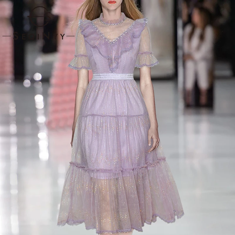 

SEQINYY Party Dress 2020 Summer Spring New Fashion Design Women Short Sleeve Lace Beading A-line Knee Dress Runway