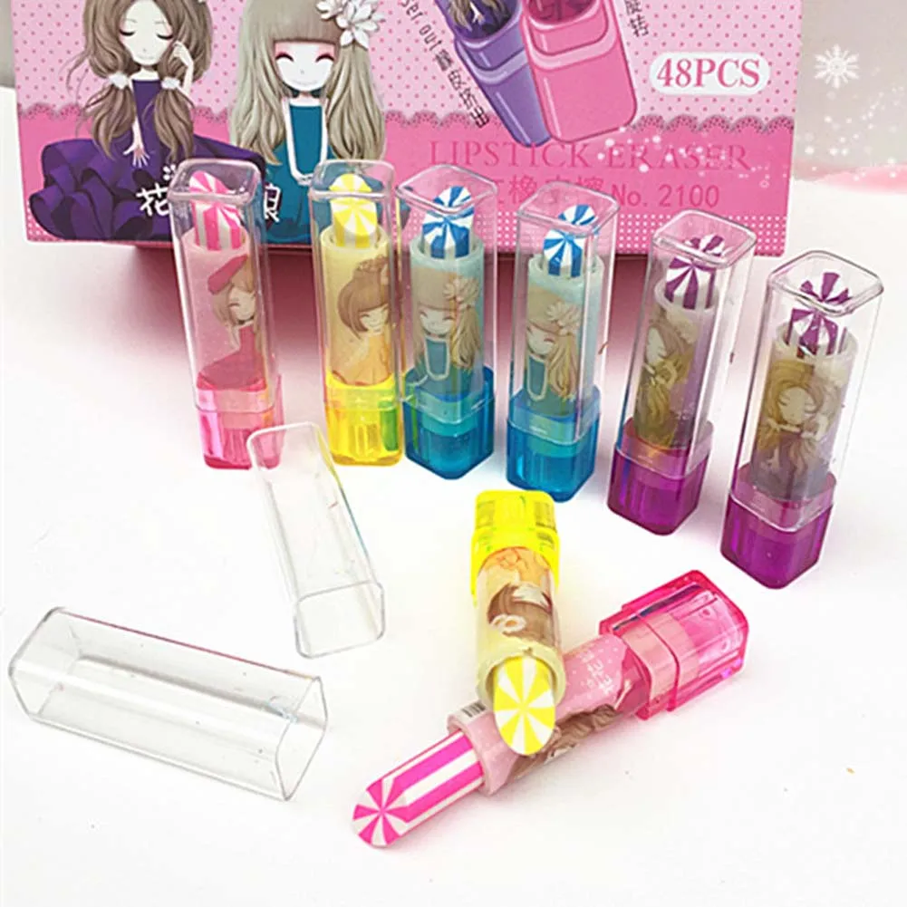 Cute Cartoon Lipstick Eraser For Girls Pupils Stationery School Supplies Color Random