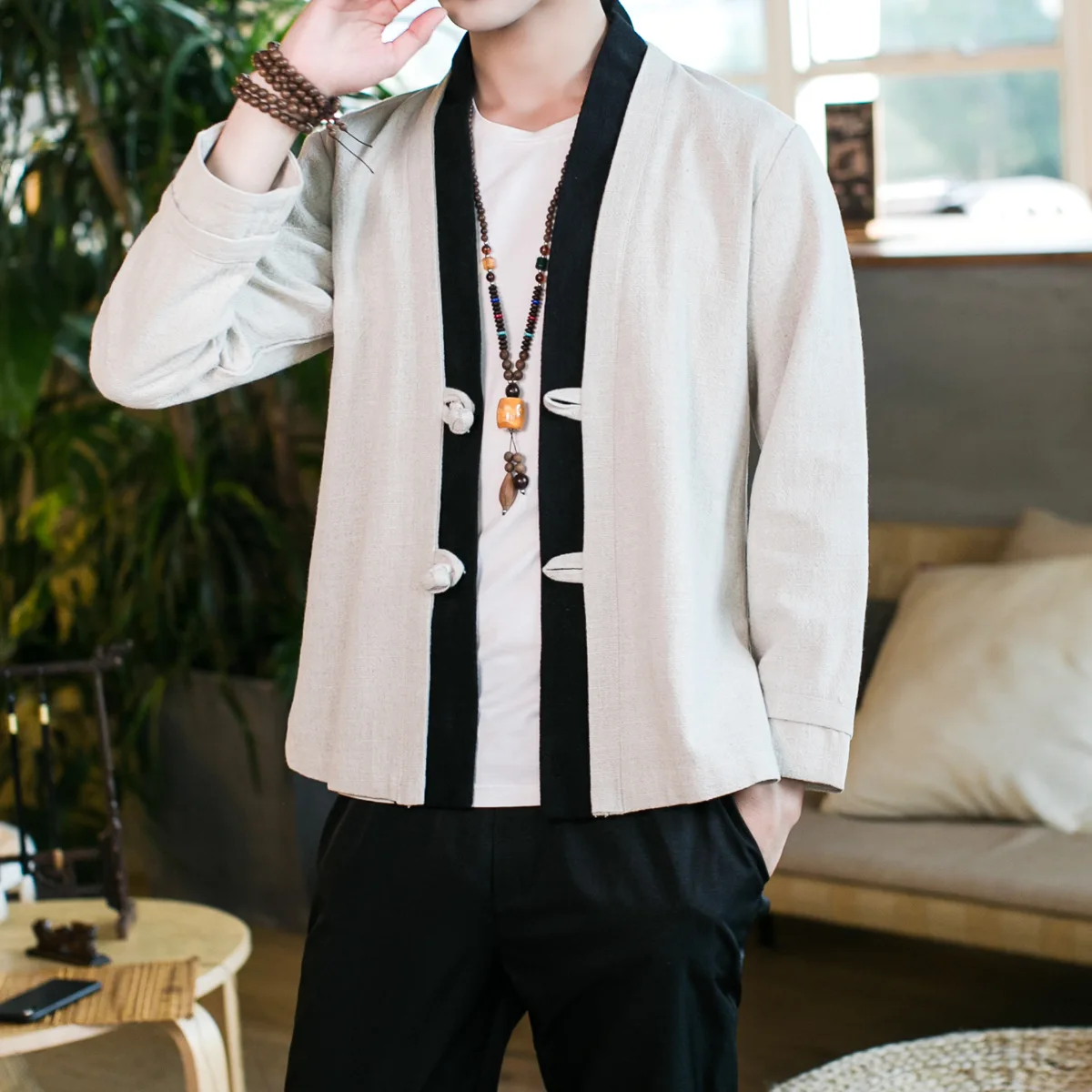 

2019 New Style Chinese-style Buddha Men'S Wear Chinese Clothing Cardigan Robes Mantle Frog Solid Color Origional Cotton Linen Co