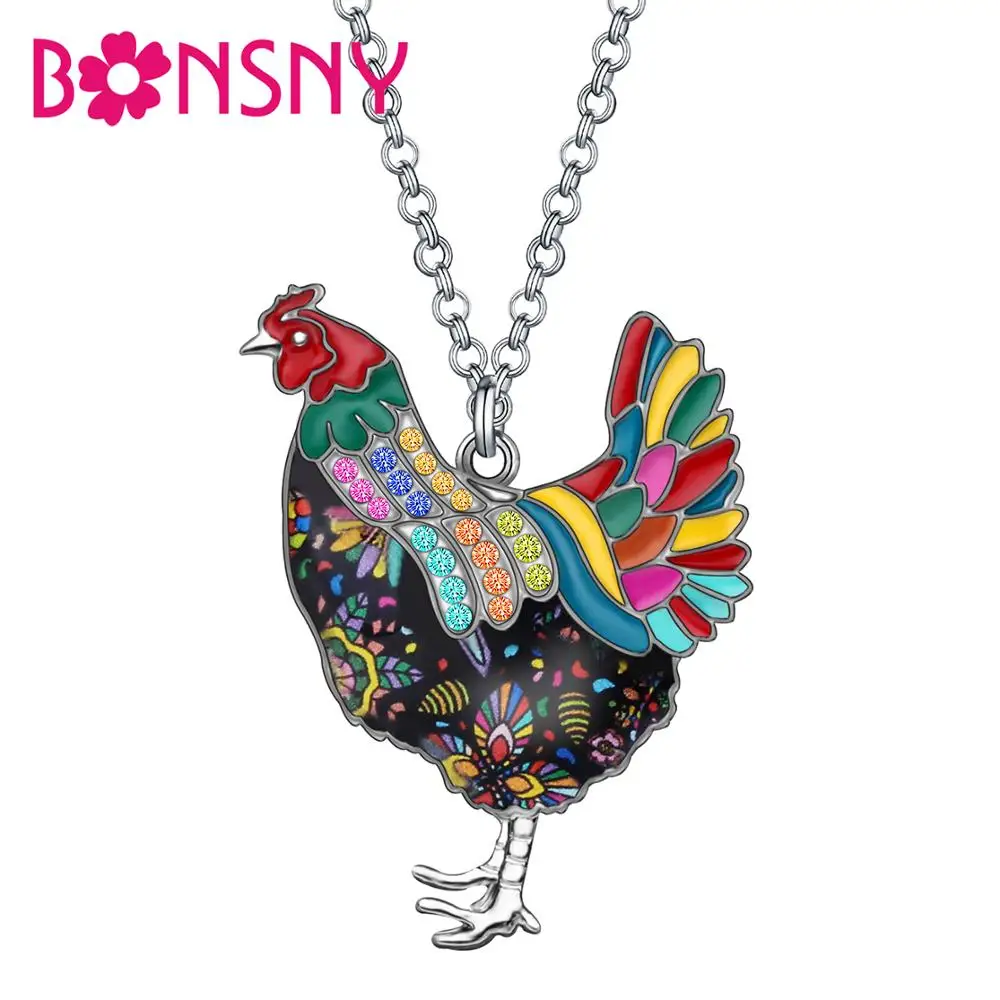 Bonsny Enamel Alloy Rhinestone Chicken Hen Necklace Pendant Chain Crystal Jewelry For Women Girl Charm Decoration Gift Accessory | Украшения