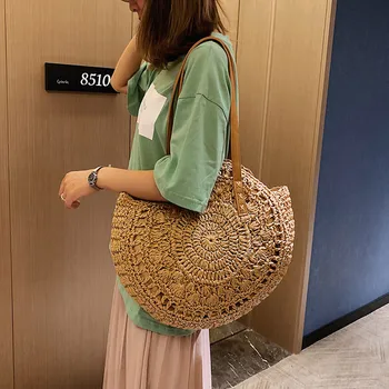 

Casual Rattan Women Shoulder Bags Circle Straw Handbags Big Capacity Handmae Summer Totes Lady Round Bohemian Beach Treval Sac