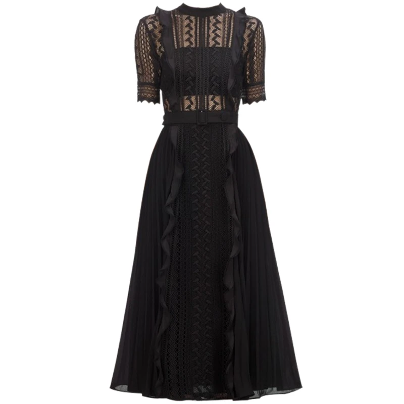 GoodliShowsi, Осеннее женское элегантное платье, черное, белое, 2 цвета, платье миди, кружевное лоскутное, с оборками, женские плиссированные платья