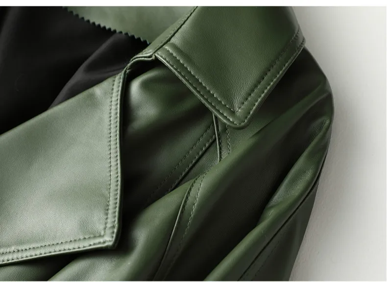 Autumn Winter Real Leather Jacket Women Casual Regular Belt Office Lady Chaquetas Mujer Turn-down Collar Sheepskin Green