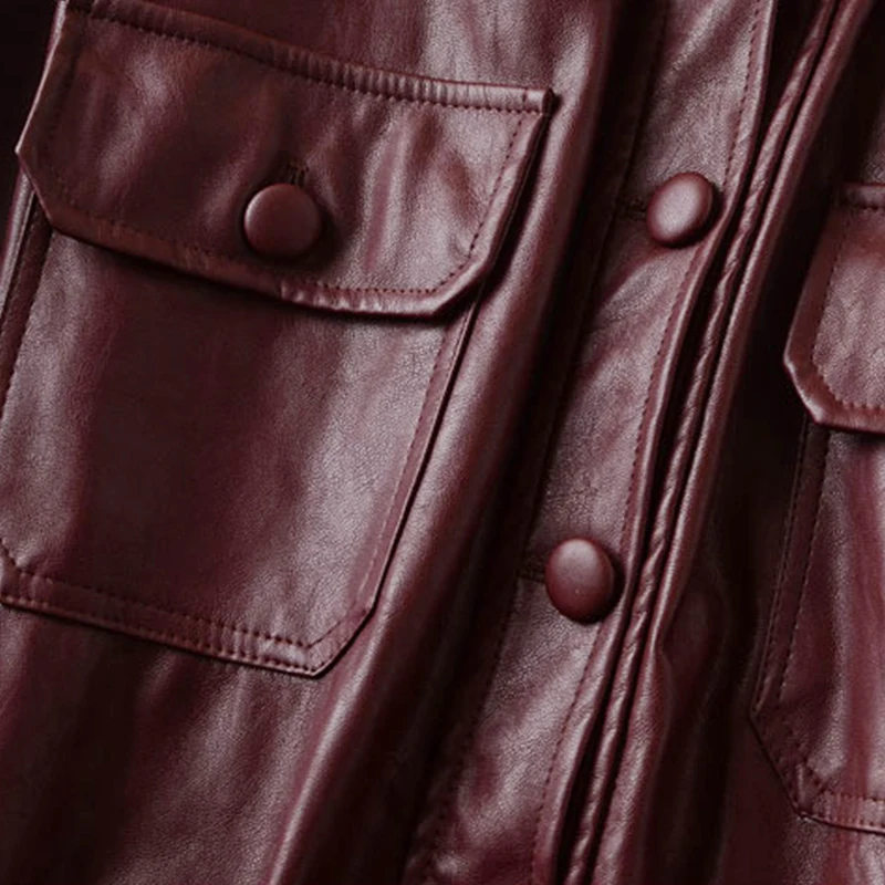 New Autumn Winter pu leather jackets female single breasted Vintage elegant with belt leather jackets S-XL cc1548